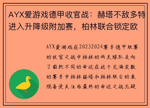 AYX爱游戏德甲收官战：赫塔不敌多特进入升降级附加赛，柏林联合锁定欧罗巴席位 - 副本