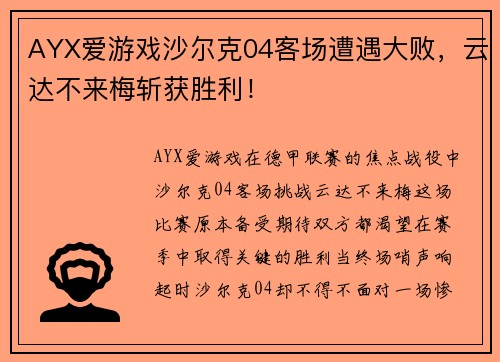 AYX爱游戏沙尔克04客场遭遇大败，云达不来梅斩获胜利！