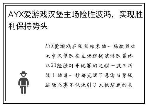 AYX爱游戏汉堡主场险胜波鸿，实现胜利保持势头